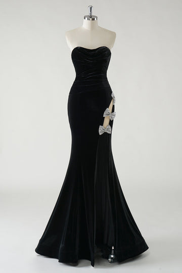 Robe longue formelle en velours noir sans bretelles scintillante avec fente haute (pas de gants)